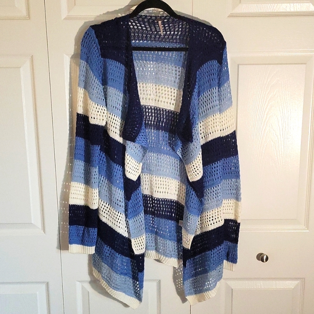 Poof cardigan, open knit, blue, white, striped, size large, long length
